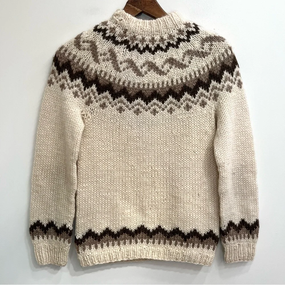 Vintage Icelandic Wool Sweater Hilda Ltd Nordic Fair Isle Cream Beige Brown M - Picture 3 of 10